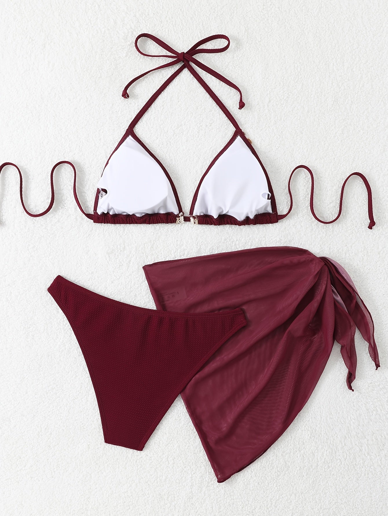 3pcs QVR Women'S Summer Fashion Ruffle Bikini, Polyester and Elastane Blend, Solid Color, High Stretch Knit Fabric, with Lace-Up Detail, for Sun Protection Swimwear Set